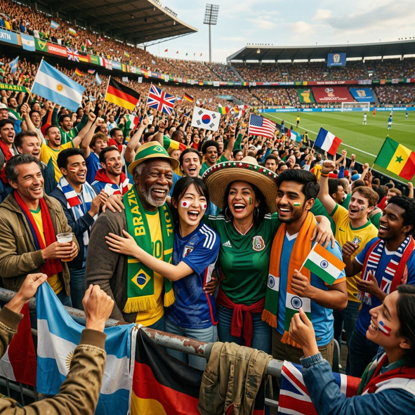 Diverse soccer fans waving international flags and smiling in stadium stands